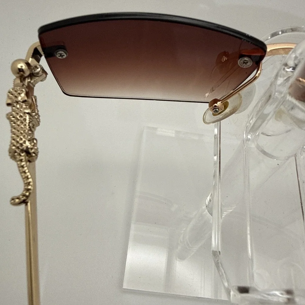 Rimless square sunglasses w/gold frame leopard/jaguar figurine & travel case HOT